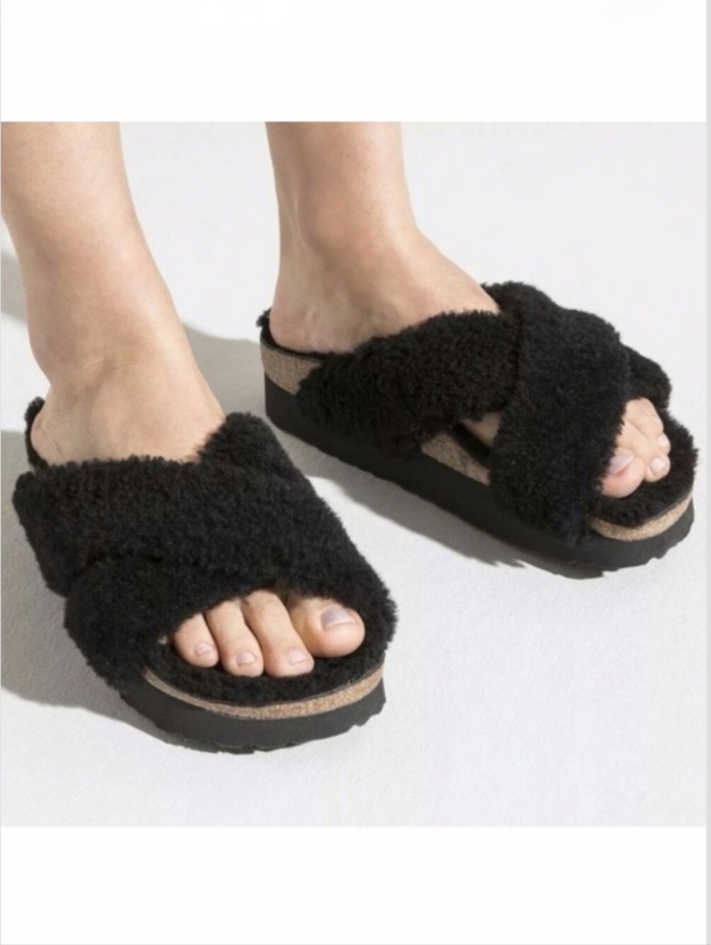 Birkenstock Papillio Daytona Black Shearling Teddy Criss-Cross Slide Sandals 7